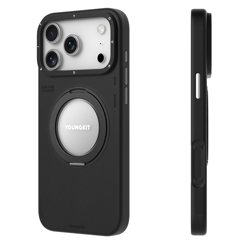 Apple iPhone 17 Pro Max Kılıf M-safe Şarj Özellikli 360 Derece Standlı Basit Mat Deri Desenli Youngkit Tech Leather Serisi Kapak Kahverengi