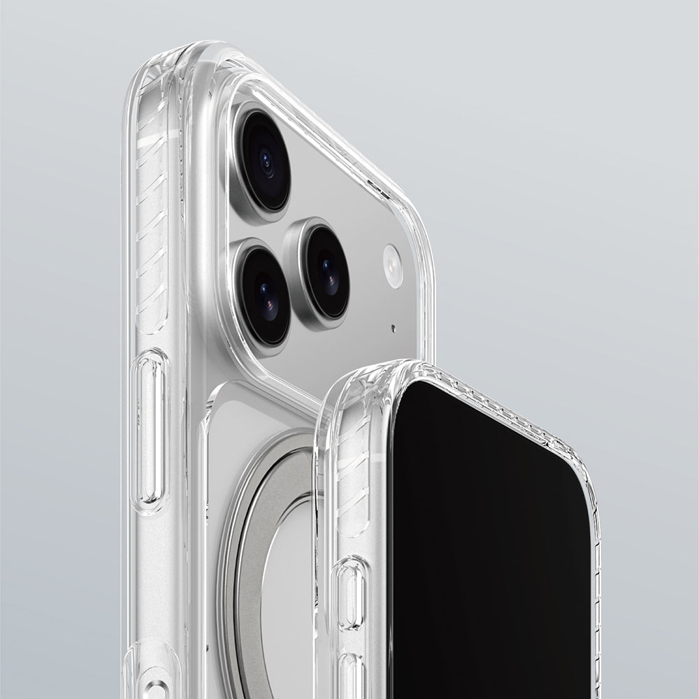 Apple iPhone 17 Pro Max Kılıf M-Safe Şarj Özellikli Airbag Tasarımlı Standlı AmazingThing Titan Pro MagSpin Kapak Şeffaf