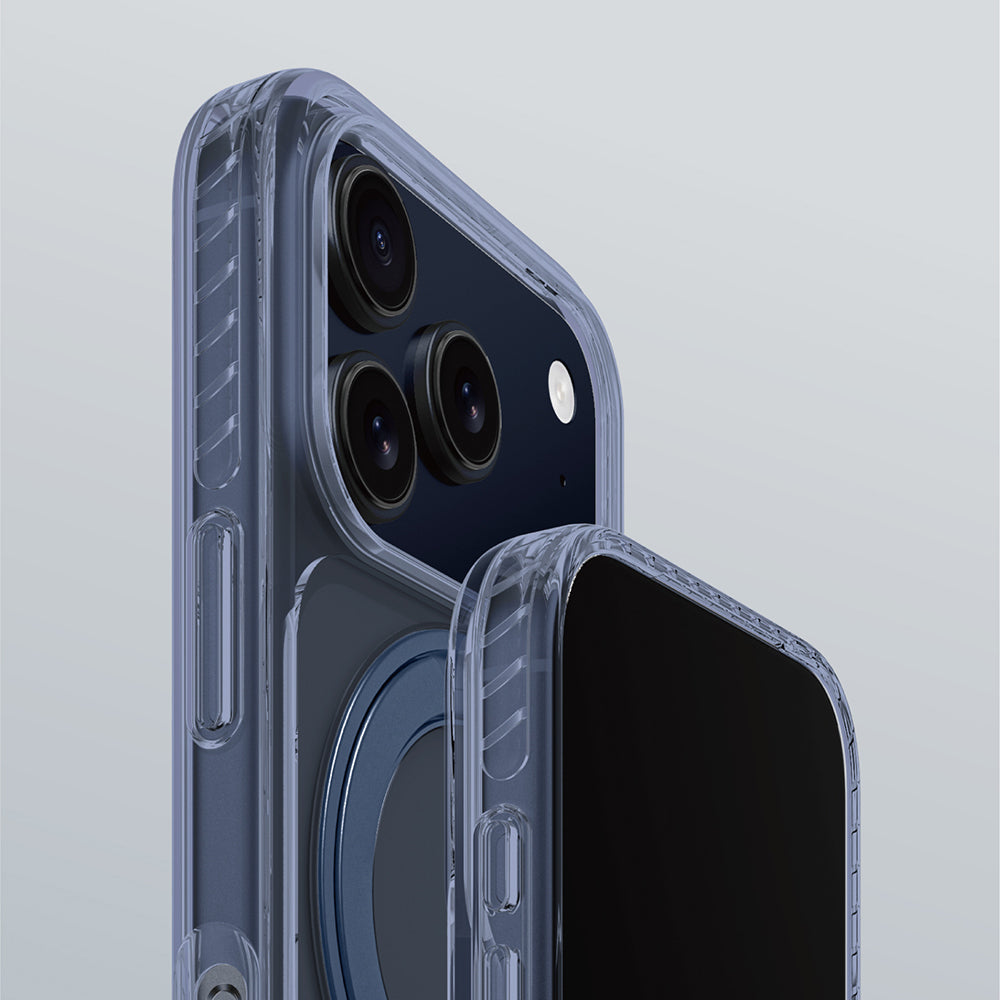 Apple iPhone 17 Pro Max Kılıf M-Safe Şarj Özellikli Airbag Tasarımlı Standlı AmazingThing Titan Pro MagSpin Kapak Mavi