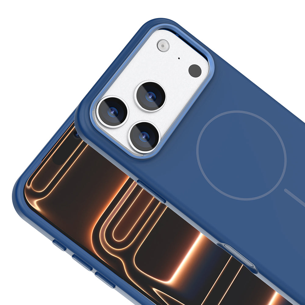 Apple iPhone 17 Pro Max Kılıf M-Safe Şarj Özellikli Metal Kamera Çerçeveli Zore Edi Silikon Kapak Açık Mavi