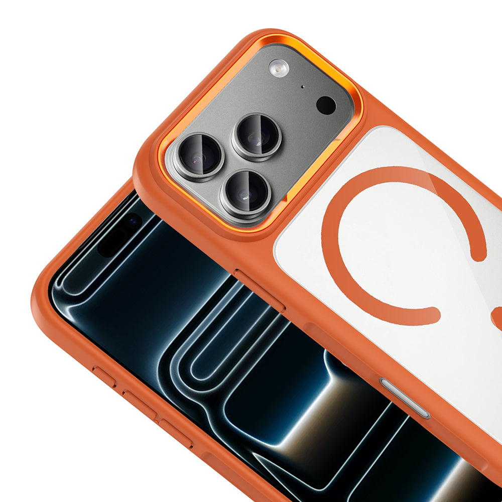 Apple iPhone 17 Pro Max Kılıf M-Safe Şarj Özellikli Metal Kamera Çerçeveli Zore Tiko Kapak Turuncu