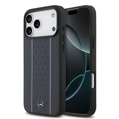 Apple iPhone 17 Pro Max Kılıf Mercedes Benz Orjinal Lisanslı M-safe Şarj Özellikli Şeritli Yıldız Desenli Metal Logolu Deri Kapak Lacivert
