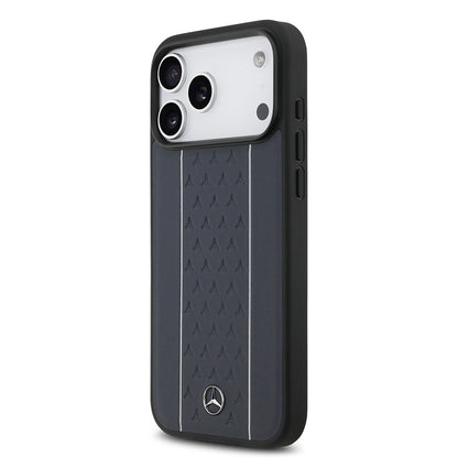 Apple iPhone 17 Pro Max Kılıf Mercedes Benz Orjinal Lisanslı M-safe Şarj Özellikli Şeritli Yıldız Desenli Metal Logolu Deri Kapak Lacivert