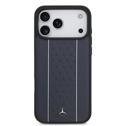 Apple iPhone 17 Pro Max Kılıf Mercedes Benz Orjinal Lisanslı M-safe Şarj Özellikli Şeritli Yıldız Desenli Metal Logolu Deri Kapak Lacivert