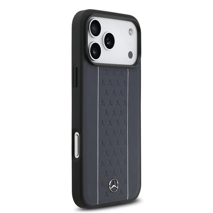 Apple iPhone 17 Pro Max Kılıf Mercedes Benz Orjinal Lisanslı M-safe Şarj Özellikli Şeritli Yıldız Desenli Metal Logolu Deri Kapak Lacivert