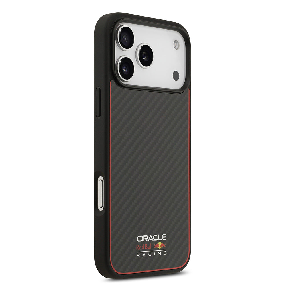 Apple iPhone 17 Pro Max Kılıf Redbull Orjinal Lisanslı M-safe Şarj Özellikli Karbon Fiber Parlayan Logolu Kevlar Kapak Siyah
