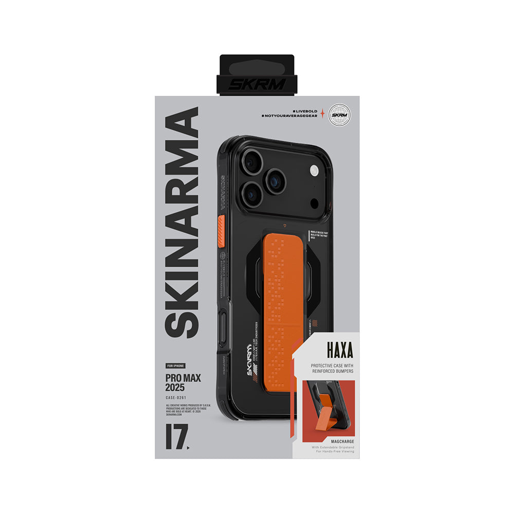 Apple iPhone 17 Pro Max Kılıf Skinarma M-Safe Şarj Özellikli Airbag Tasarımlı Standlı Haxa Kapak Füme