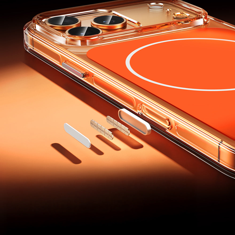 Apple iPhone 17 Pro Max Kılıf Zore M-safe Şarj Özellikli Şeffaf Kamera Kontrol Butonlu Lugano Kapak Turuncu