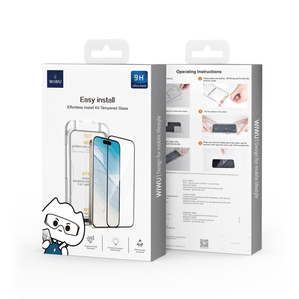 Apple iPhone 17 Pro Max Wiwu SQ-008 Oleophobic Easy Install Impact Resistant Tempered Glass Screen Protector + Easy Application Tool Transparent