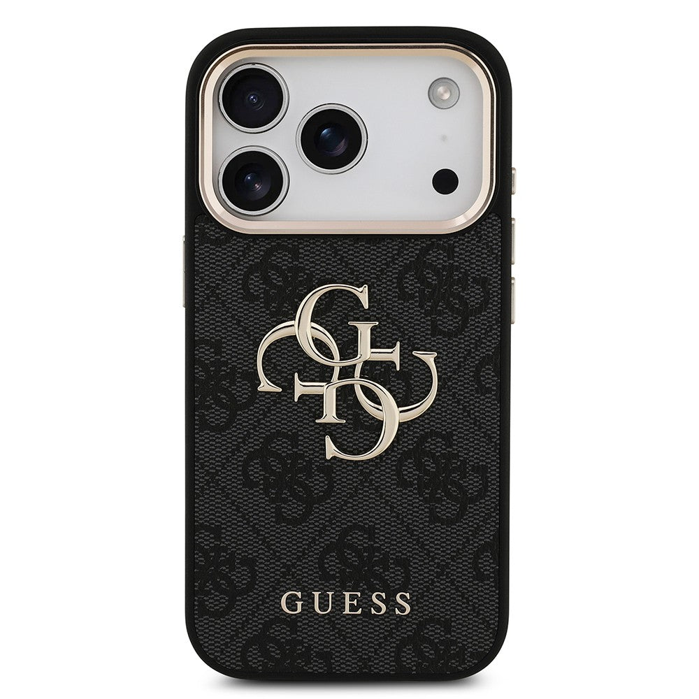 Apple iPhone 18 Pro Kılıf Guess Orjinal Lisanslı Gold Metal Kamera Çerçeveli 4G Desenli Metal Büyük 4G ve Yazı Logolu Kapak