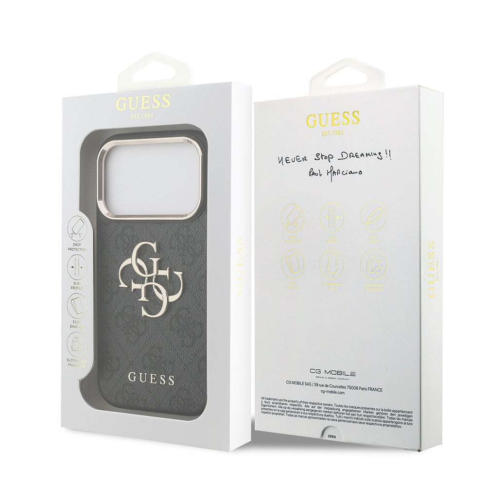 Apple iPhone 18 Pro Kılıf Guess Orjinal Lisanslı Gold Metal Kamera Çerçeveli 4G Desenli Metal Büyük 4G ve Yazı Logolu Kapak