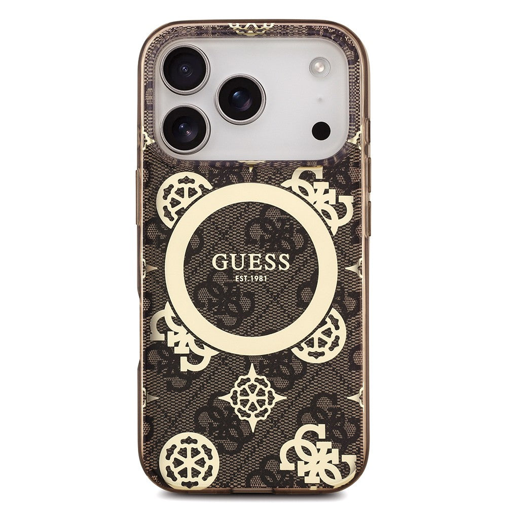 Apple iPhone 18 Pro Kılıf Guess Orjinal Lisanslı M-safe Şarj Özellikli IML Peony ve 4G Desenli Klasik Logolu Kapak