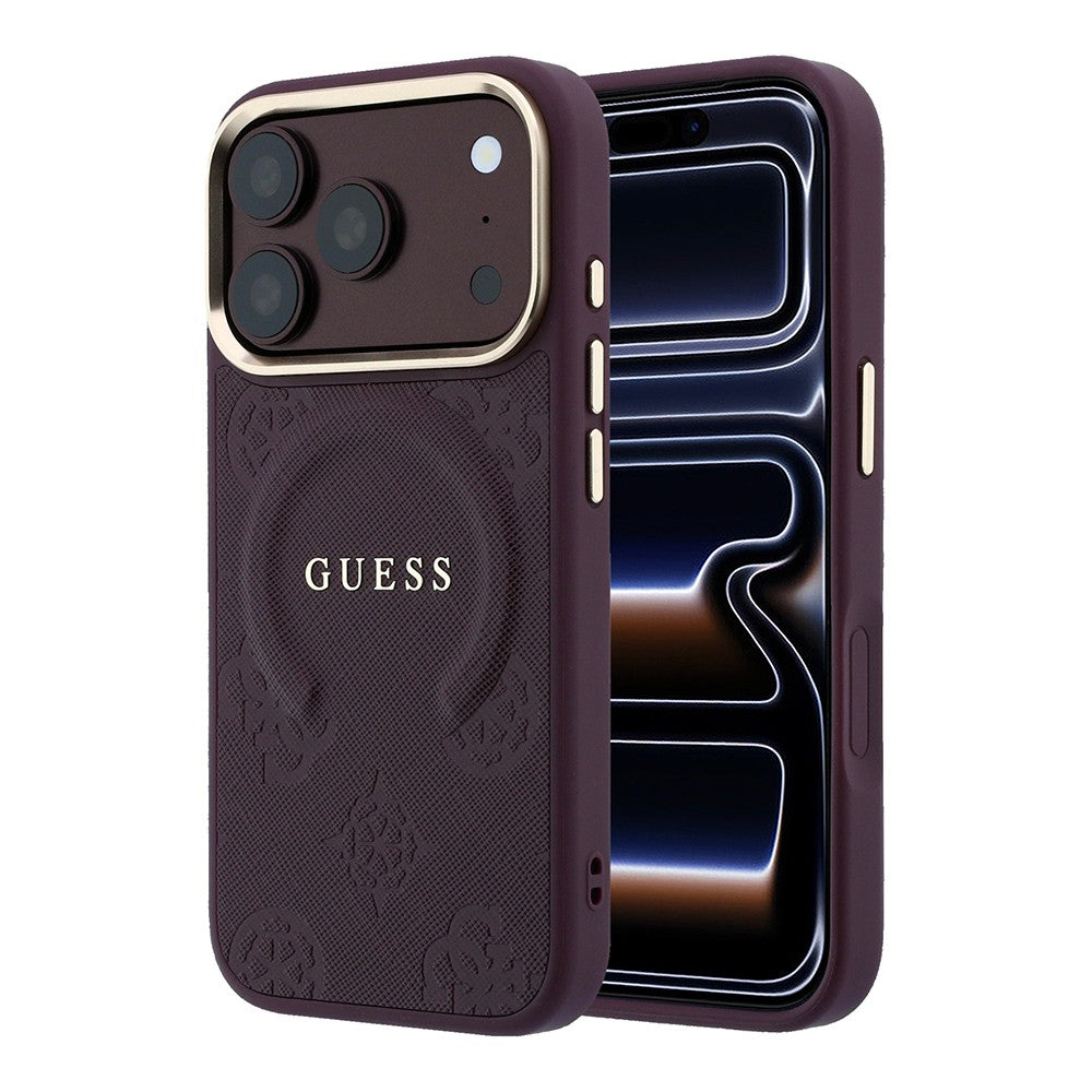 Apple iPhone 18 Pro Kılıf Guess Orjinal Lisanslı M-safe Şarj Özellikli Sıcak Baskılı Yazı Logolu C-Magnet PU Deri Peony Kapak
