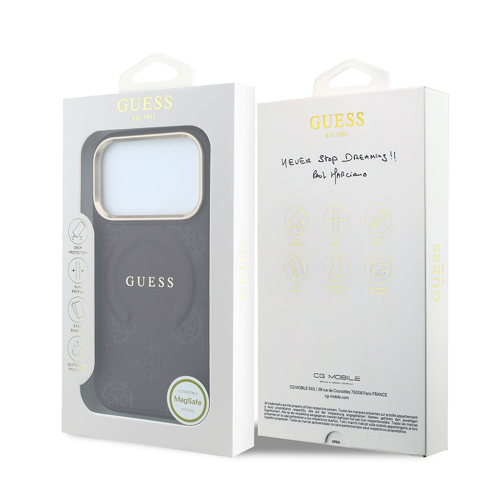 Apple iPhone 18 Pro Kılıf Guess Orjinal Lisanslı M-safe Şarj Özellikli Sıcak Baskılı Yazı Logolu C-Magnet PU Deri Peony Kapak