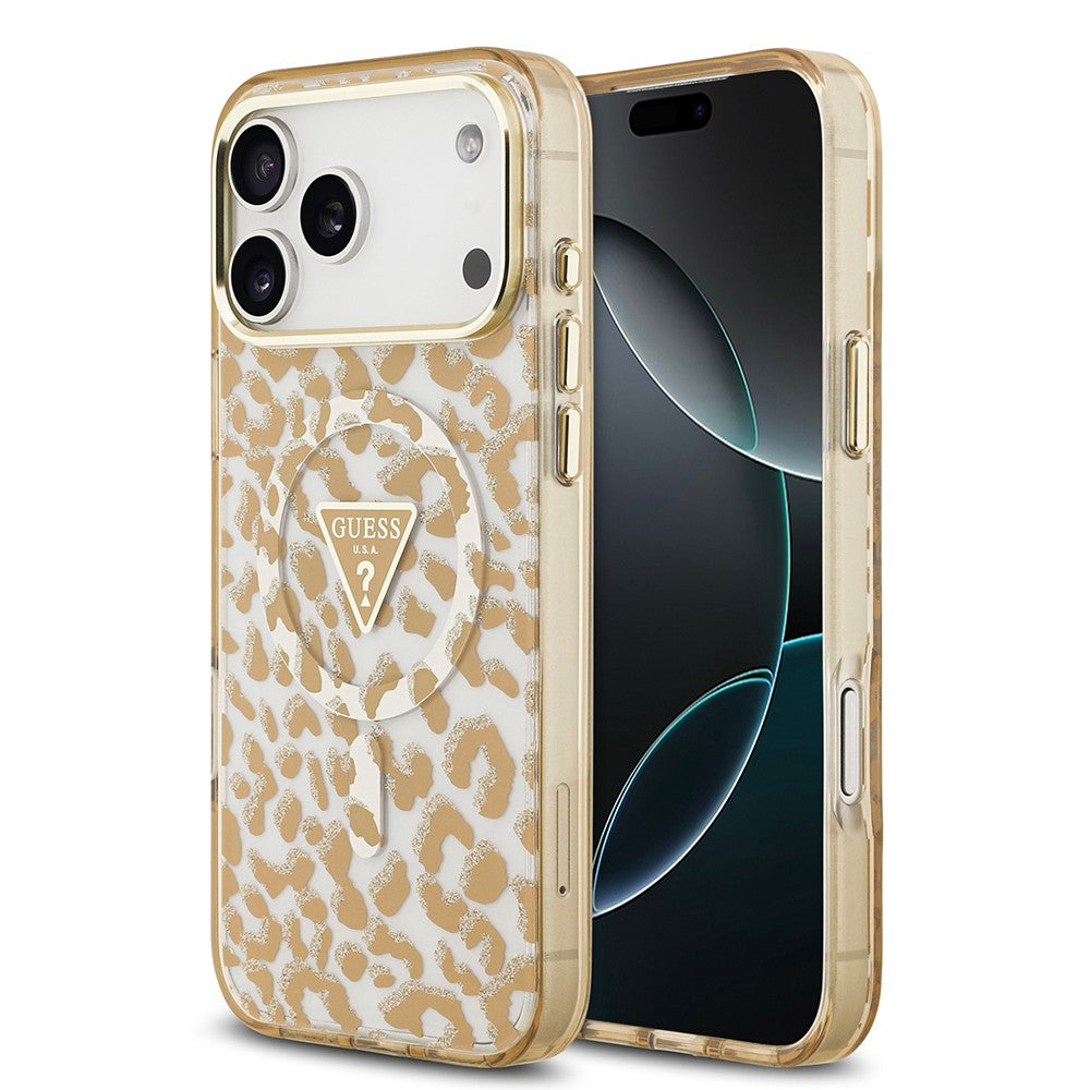 Apple iPhone 18 Pro Kılıf Guess Orjinal Lisanslı M-safe Şarj Özellikli Üçgen Logolu Simli Leopar Desenli Kapak