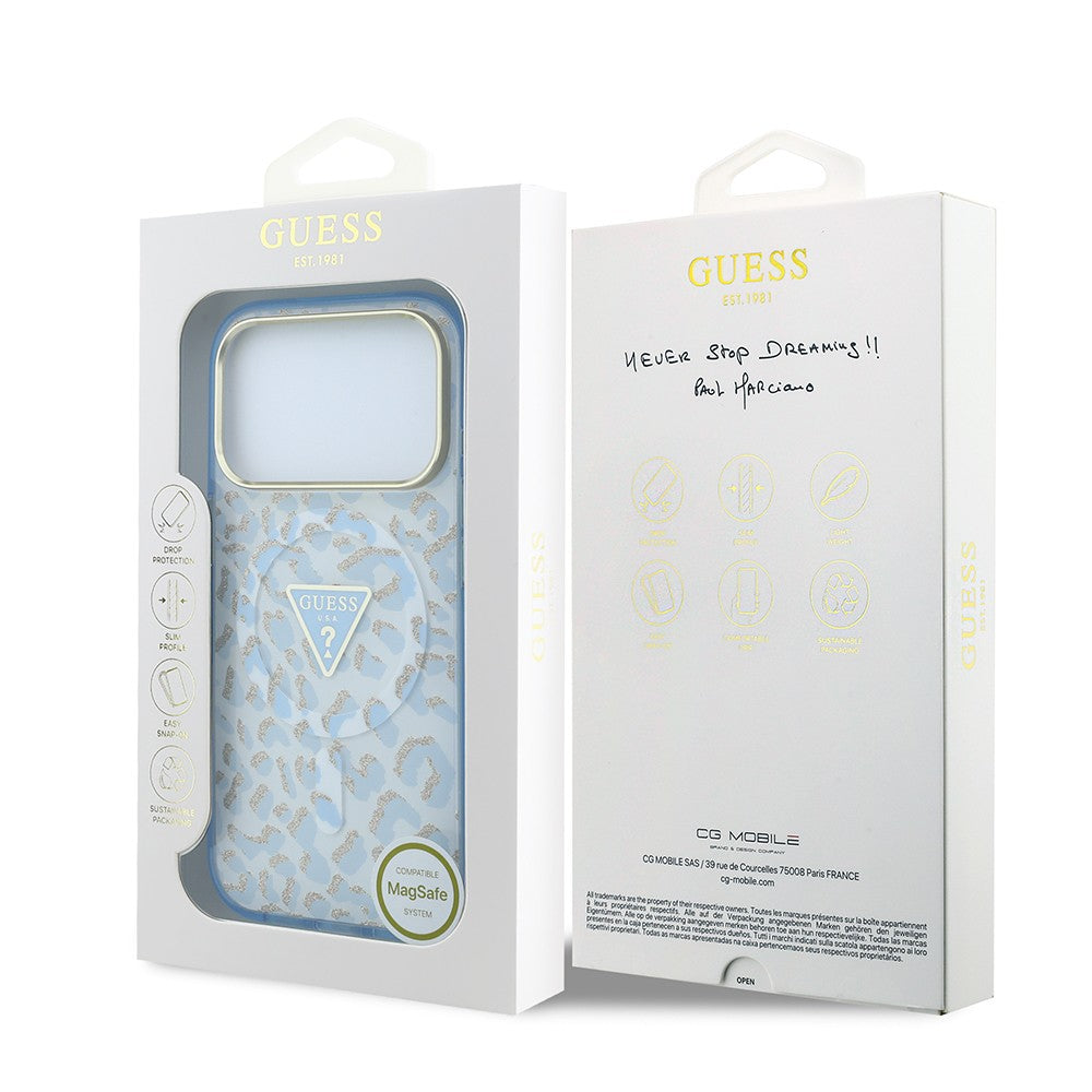 Apple iPhone 18 Pro Kılıf Guess Orjinal Lisanslı M-safe Şarj Özellikli Üçgen Logolu Simli Leopar Desenli Kapak