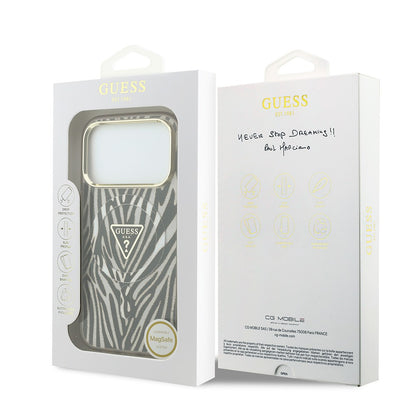 Apple iPhone 18 Pro Kılıf Guess Orjinal Lisanslı M-safe Şarj Özellikli Üçgen Logolu Zebra Desenli Silikon Kapak