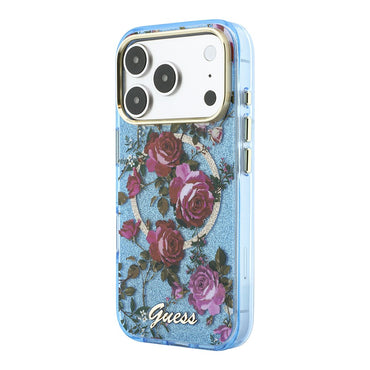 Apple iPhone 18 Pro Max Kılıf Guess Orjinal Lisanslı M-safe Şarj Özellikli Gül Desenli Simli Yazı Logolu Kapak