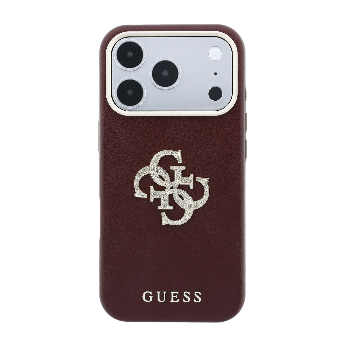 Apple iPhone 18 Pro Max Kılıf Guess Orjinal Lisanslı Metal Kamera Çerçeveli 4G Büyük Taşlı Resin Logolu PU Kapak