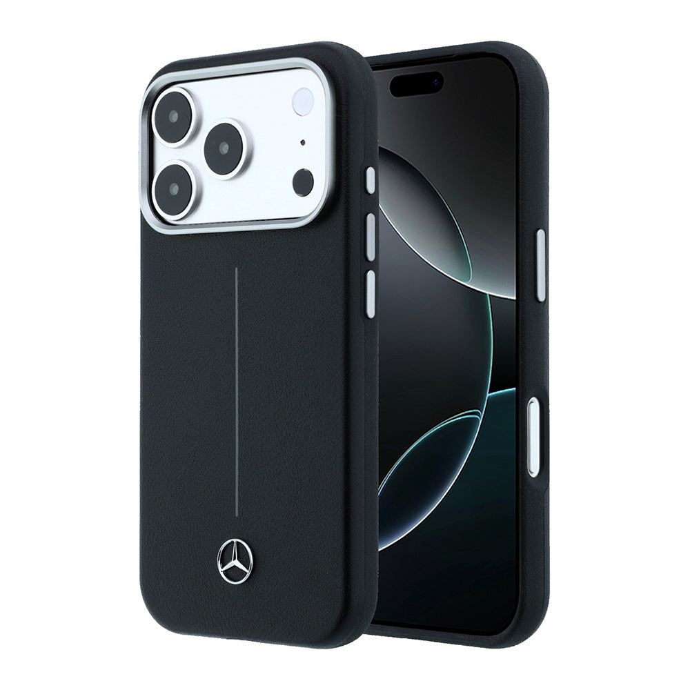 Apple iPhone 18 Pro Max Kılıf Mercedes Benz Orjinal Lisanslı M-safe Şarj Özellikli Metal Yıldız Logolu Çizgili Deri Kapak