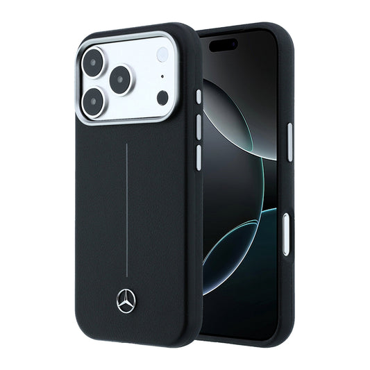 Apple iPhone 18 Pro Max Kılıf Mercedes Benz Orjinal Lisanslı M-safe Şarj Özellikli Metal Yıldız Logolu Çizgili Deri Kapak