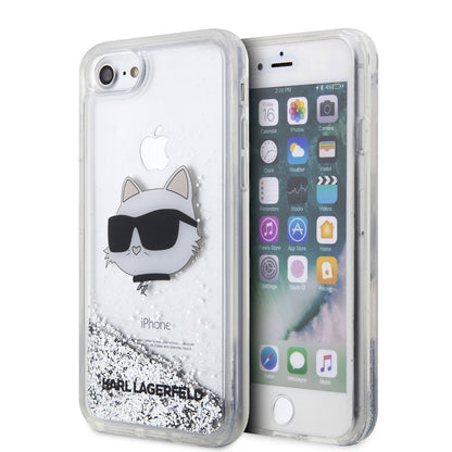 Apple iPhone 7 Kılıf Karl Lagerfeld Sıvılı Simli Choupette Head Dizayn Kapak Gümüş