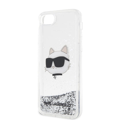 Apple iPhone SE 2022 Kılıf Karl Lagerfeld Sıvılı Simli Choupette Head Dizayn Kapak Gümüş