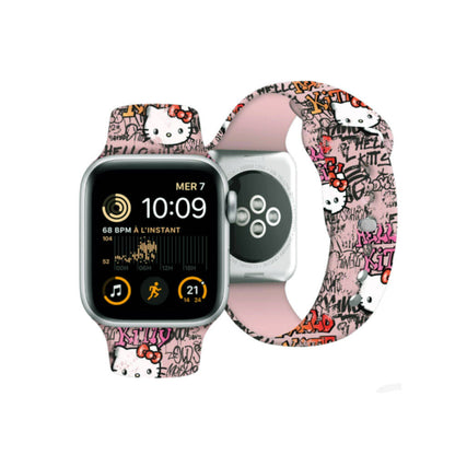 Apple Watch 40mm Hello Kitty Orjinal Lisanslı Etiket Graffiti Silikon Kordon Pembe
