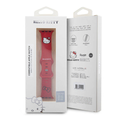Apple Watch 41mm Hello Kitty Orjinal Lisanslı Yazı Logolu Fiyonk & Kitty Head Silikon Kordon Pembe