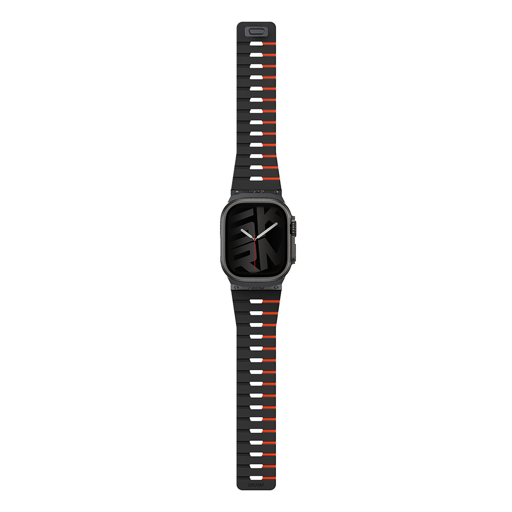 Apple Watch 44mm Skinarma Gemini Serisi TPU Magnetik Silikon Kordon Turuncu-Siyah
