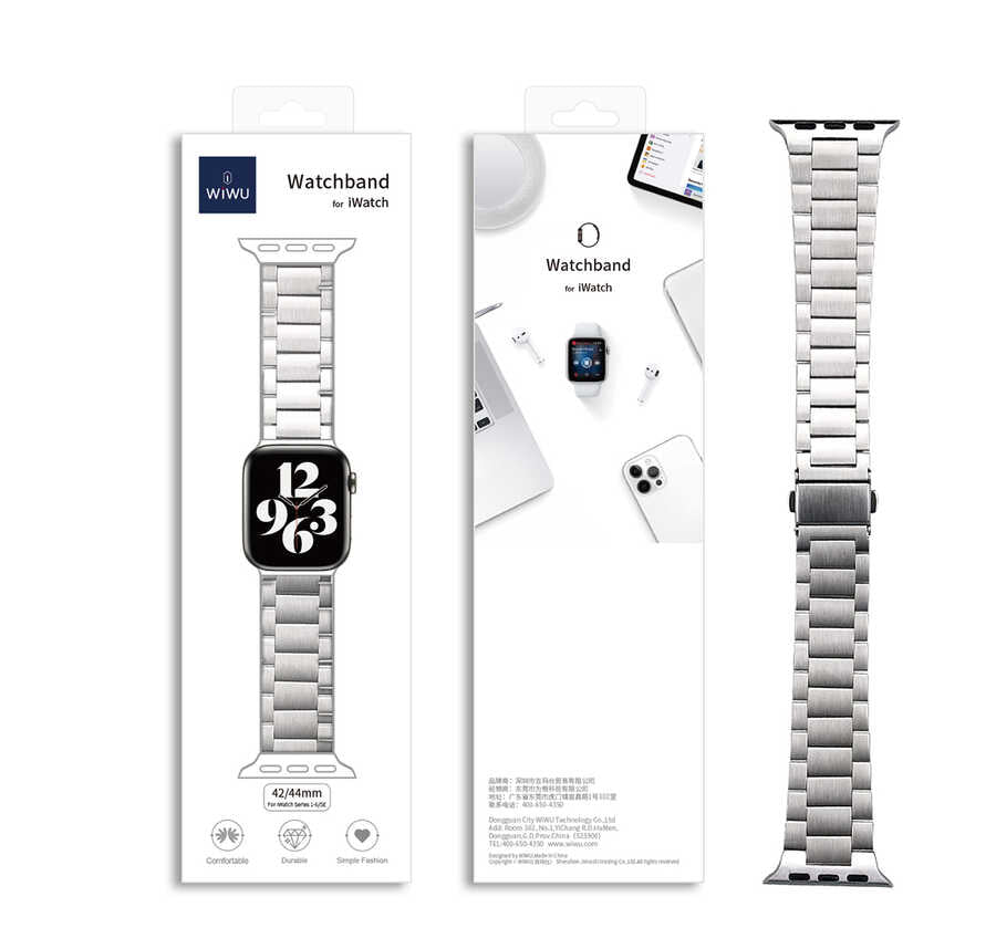 Apple Watch 44mm Wiwu Ultra Thin Steel Belt Three Beads Metal Band Silver 