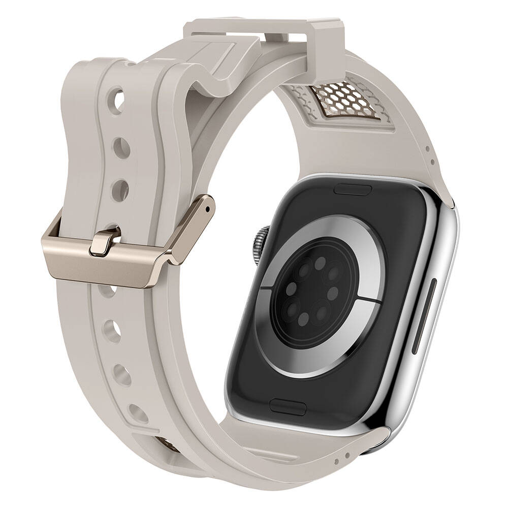 Apple Watch 44mm Zore KRD-117 Breathable Perforated Metal Decorated Patterned Silicone Band Black 