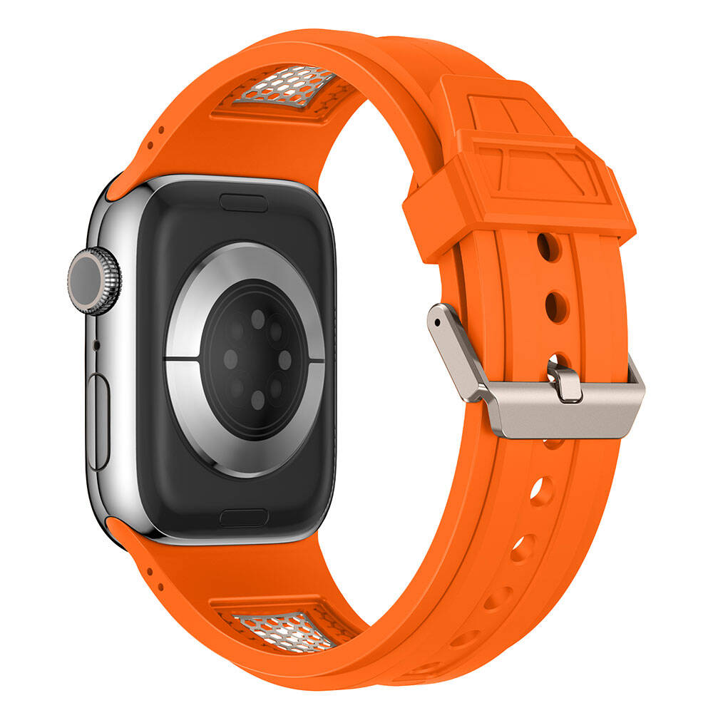Apple Watch 44mm Zore KRD-117 Breathable Perforated Metal Decorated Patterned Silicone Band Black 