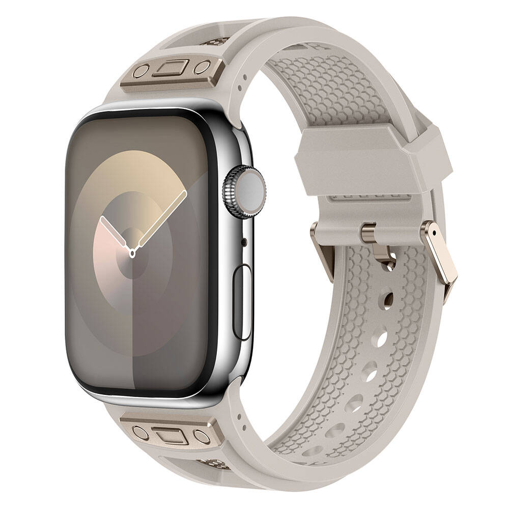 Apple Watch 44mm Zore KRD-117 Breathable Perforated Metal Decorated Patterned Silicone Band Black 