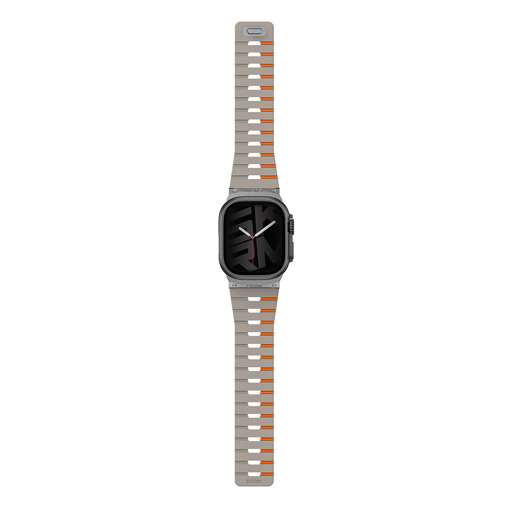 Apple Watch 7 45mm Skinarma Gemini Serisi TPU Magnetik Silikon Kordon Gri-Turuncu