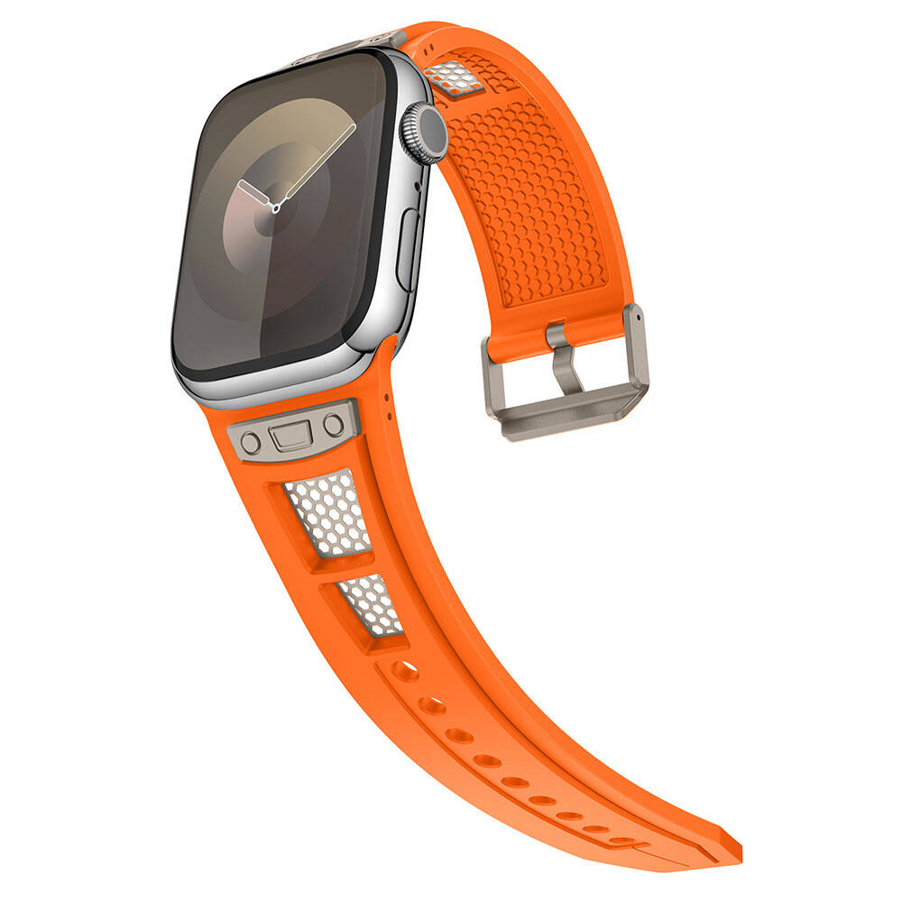 Apple Watch 7 45mm Zore KRD-117 Breathable Perforated Metal Decorated Patterned Silicone Band Black 