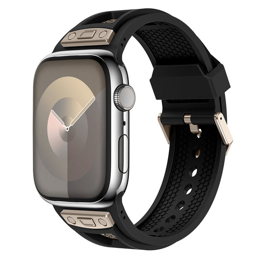 Apple Watch 7 45mm Zore KRD-117 Breathable Perforated Metal Decorated Patterned Silicone Band Black 