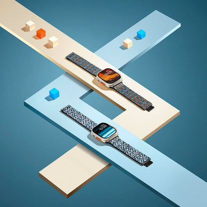 Apple Watch Serisi Uyumlu Aramid Fiber ve Karbon Fiber Pitaka Dreamland ChromaCarbon Serisi Mosaic Universal Kordon Mavi-Beyaz