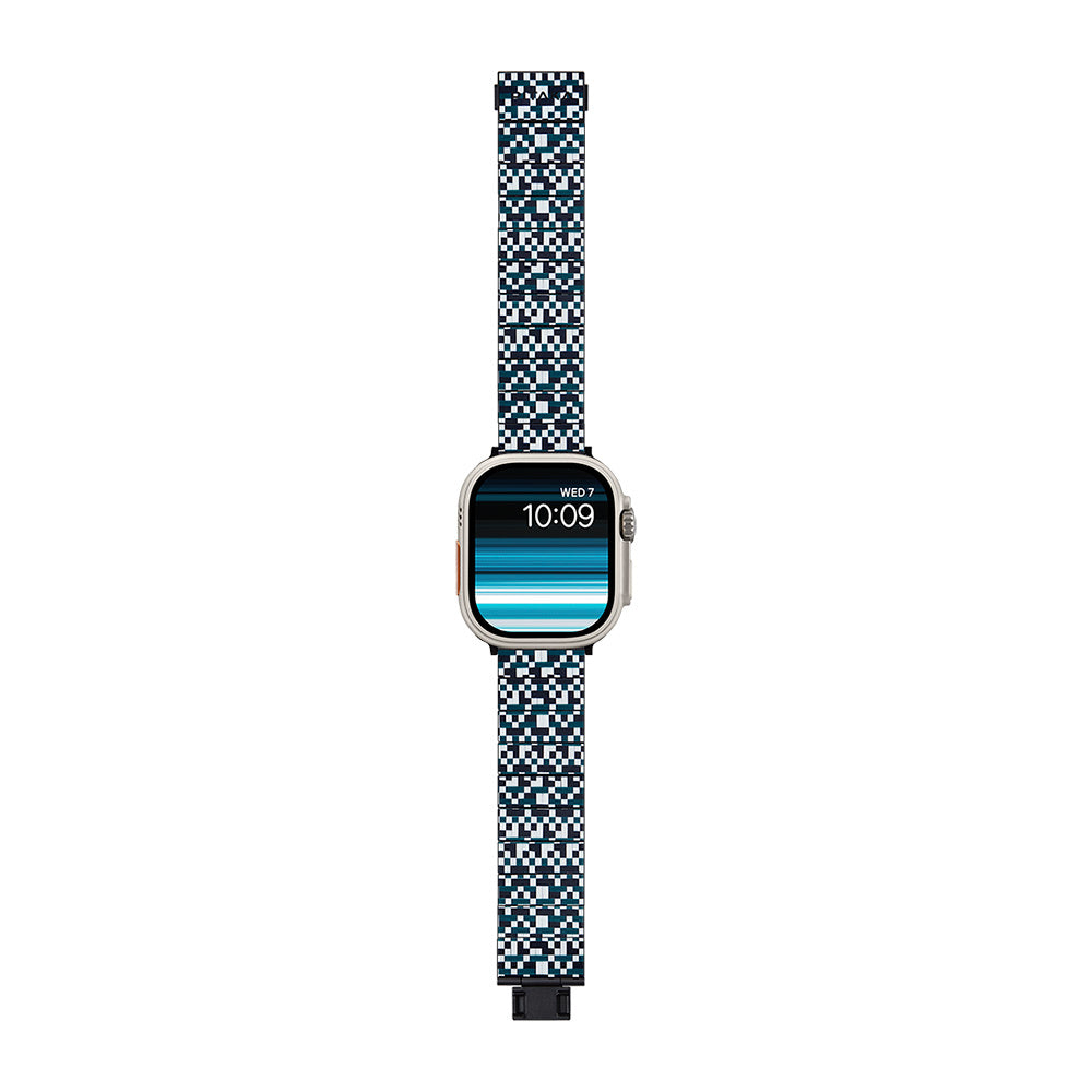 Apple Watch Serisi Uyumlu Aramid Fiber ve Karbon Fiber Pitaka Dreamland ChromaCarbon Serisi Mosaic Universal Kordon Mavi-Beyaz