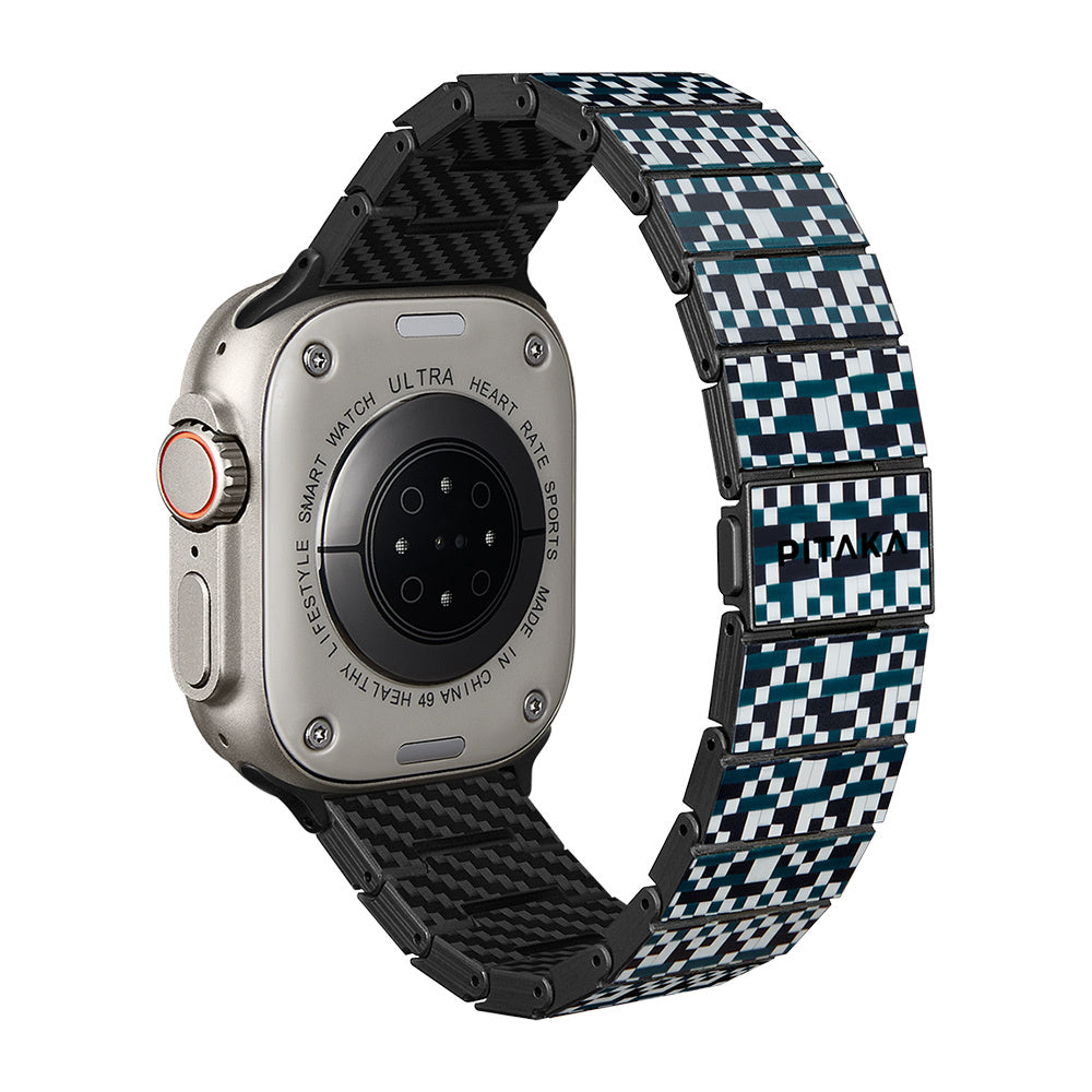 Apple Watch Serisi Uyumlu Aramid Fiber ve Karbon Fiber Pitaka Dreamland ChromaCarbon Serisi Mosaic Universal Kordon Mavi-Beyaz