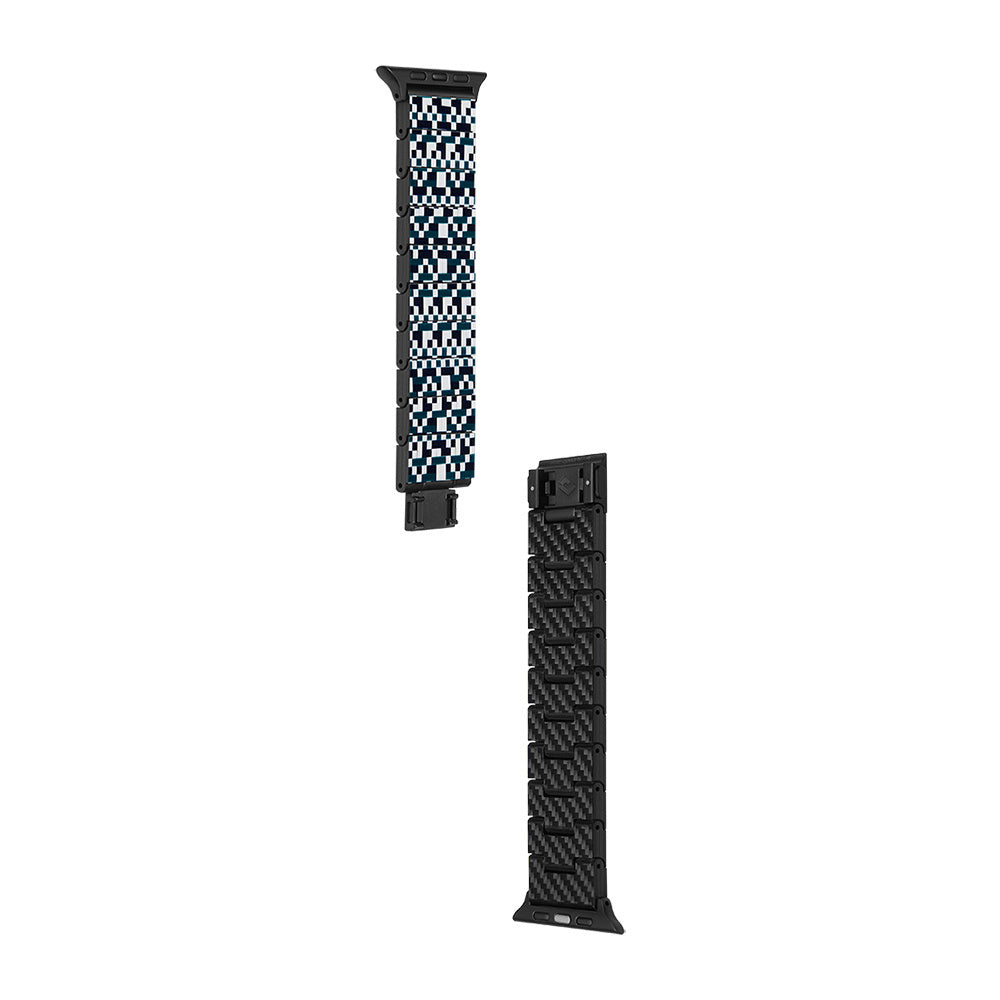 Apple Watch Serisi Uyumlu Aramid Fiber ve Karbon Fiber Pitaka Dreamland ChromaCarbon Serisi Mosaic Universal Kordon Mavi-Beyaz