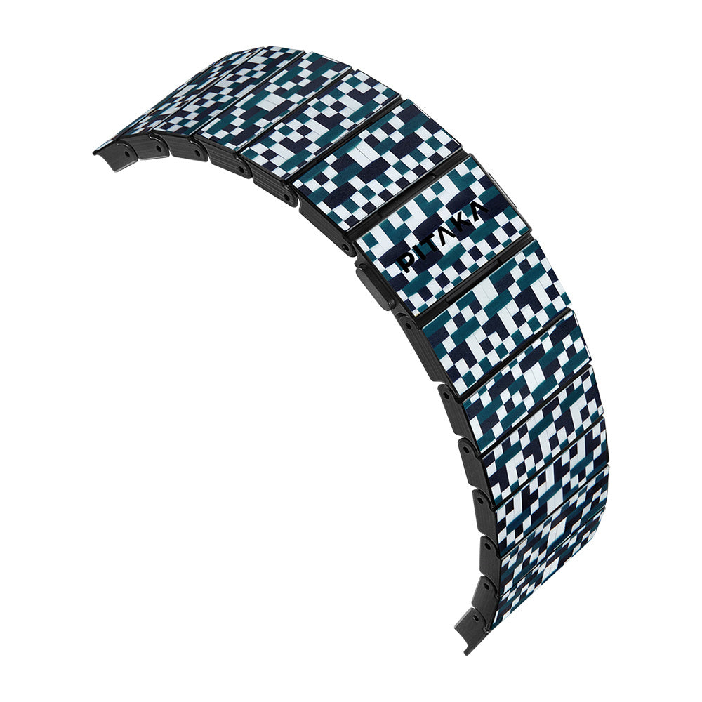 Apple Watch Serisi Uyumlu Aramid Fiber ve Karbon Fiber Pitaka Dreamland ChromaCarbon Serisi Mosaic Universal Kordon Mavi-Beyaz