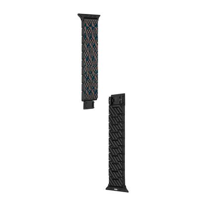 Apple Watch Serisi Uyumlu Aramid Fiber ve Karbon Fiber Pitaka Dreamland ChromaCarbon Serisi Stairs Universal Kordon Mavi-Kahverengi