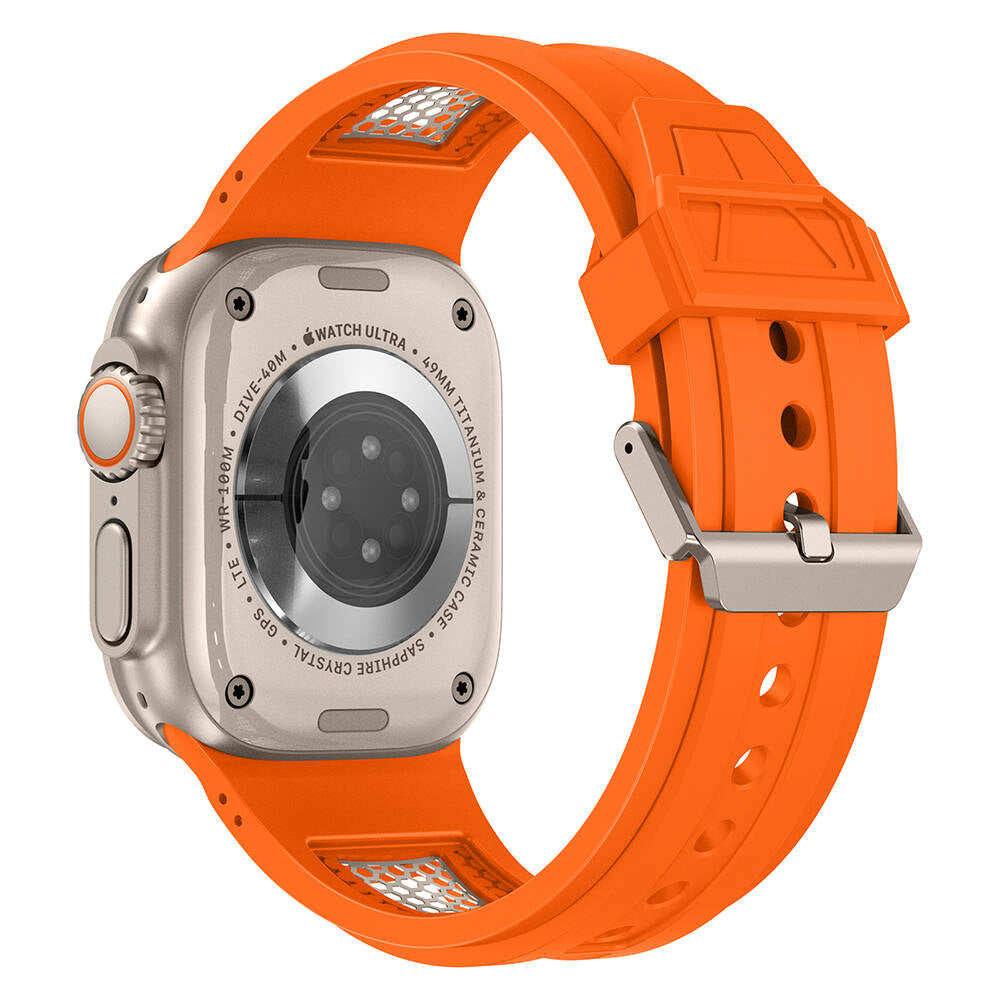 Apple Watch Ultra 49mm Zore KRD-117 Hava Alabilen Delikli Metal Süslemeli Desenli Silikon Kordon Titanyum-Siyah
