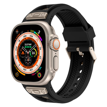 Apple Watch Ultra 49mm Zore KRD-117 Breathable Perforated Metal Decorated Patterned Silicone Band Black 