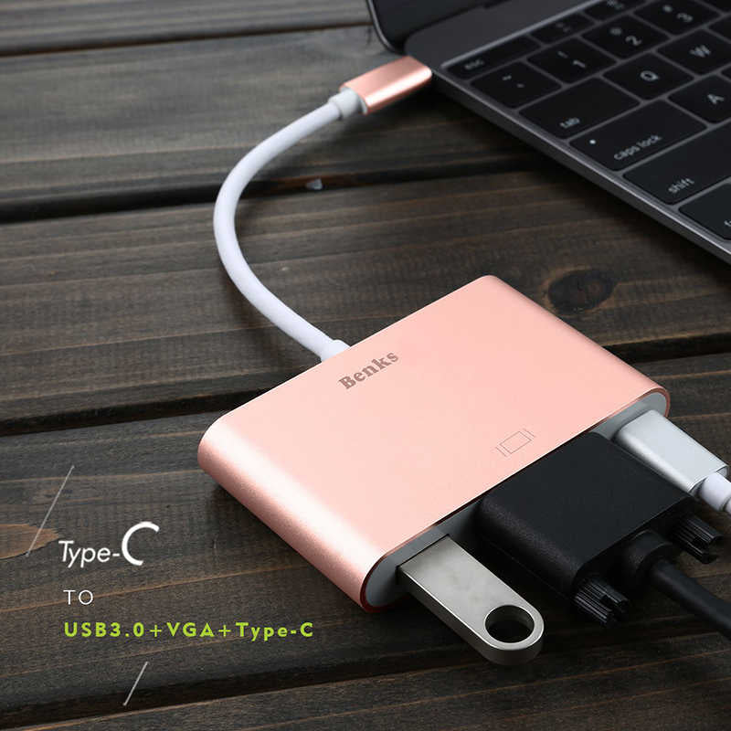Benks U20 Type-C to 3 in 1 Adapter (Usb 3.0+VGA+Type-C) Rose Gold 