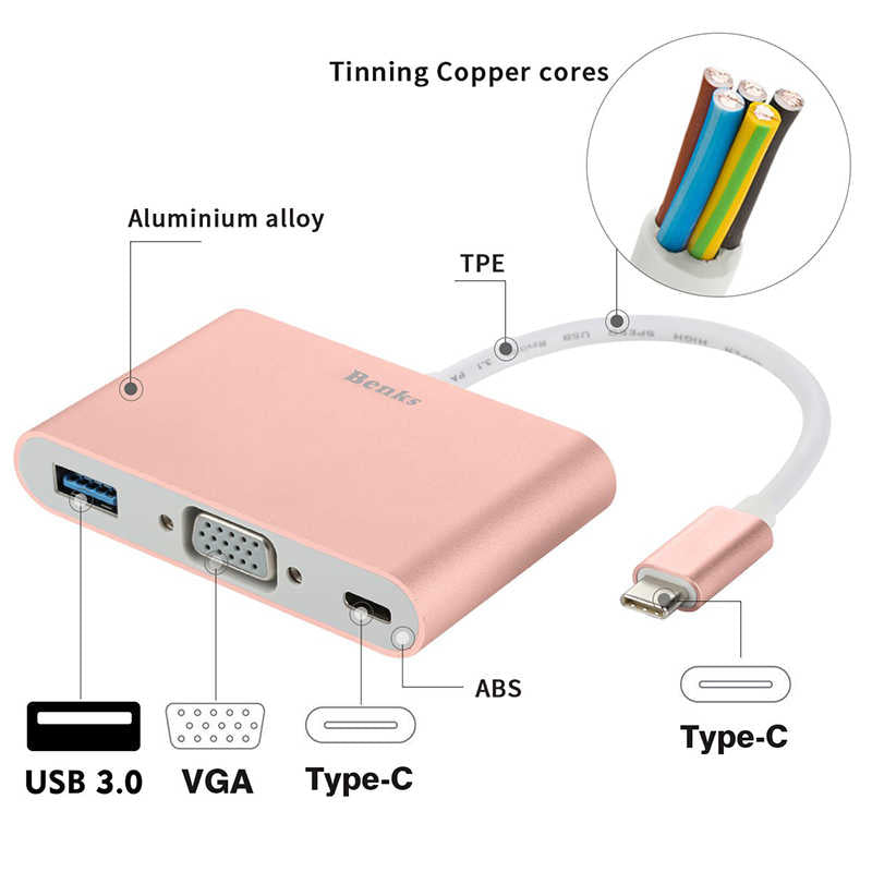 Benks U20 Type-C to 3 in 1 Adapter (Usb 3.0+VGA+Type-C) Rose Gold 
