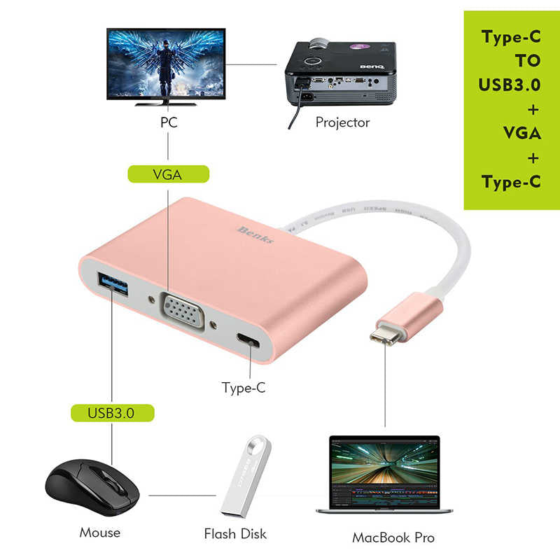 Benks U20 Type-C to 3 in 1 Adapter (Usb 3.0+VGA+Type-C) Rose Gold 