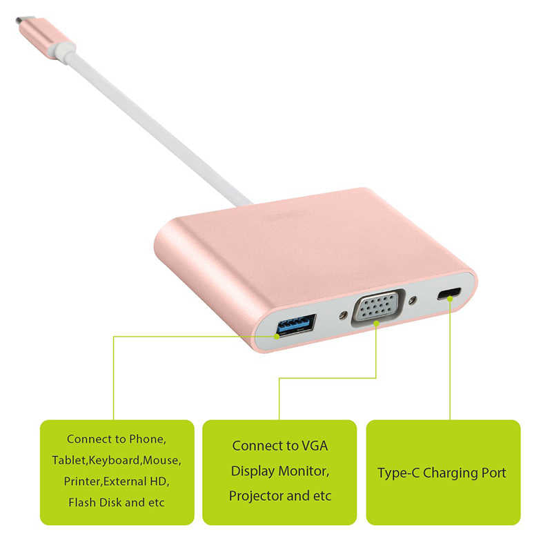 Benks U20 Type-C to 3 in 1 Adapter (Usb 3.0+VGA+Type-C) Rose Gold 