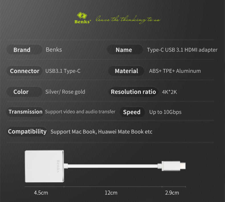 Benks Usb 3.1 Type-C to HDMI Adapter Rose Gold